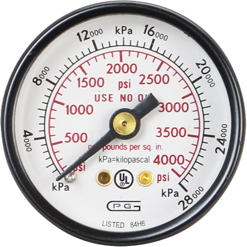 Pressure Gauges, 1-1/2" , 0 - 4000 psi, Back Mount, Analogue Ontario Packaging