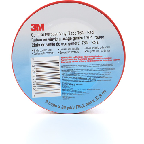 Ruban en vinyle pour travaux g&eacute;n&eacute;raux 764, 76 mm (3") la x 32,9 m (108') lo, 5 mils, Rouge Ontario Packaging
