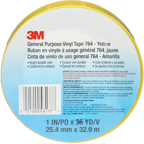 Ruban en vinyle pour travaux g&eacute;n&eacute;raux 764, 25,4 mm (1") la x 32,9 m (108') lo, 5 mils, Jaune Ontario Packaging