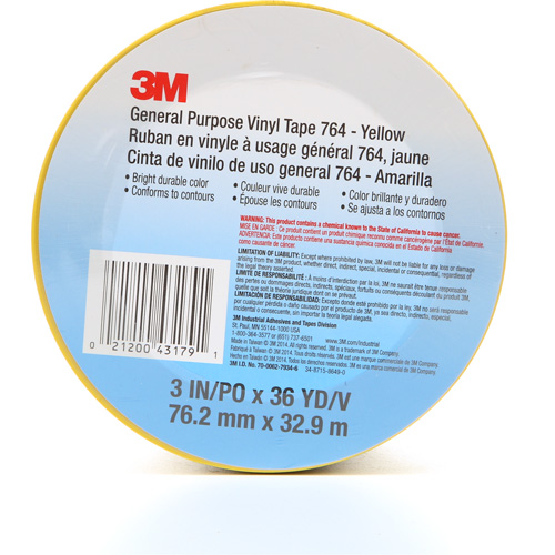 764 General-Purpose Vinyl Tape, 76 mm (3") W x 32.9 m (108') L, 5 mils, Yellow Ontario Packaging