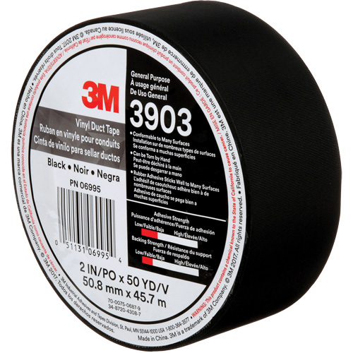 3903 Vinyl Duct Tape, 48 mm (2") W x 45 m (148') L, 6.5 mils, Black Ontario Packaging