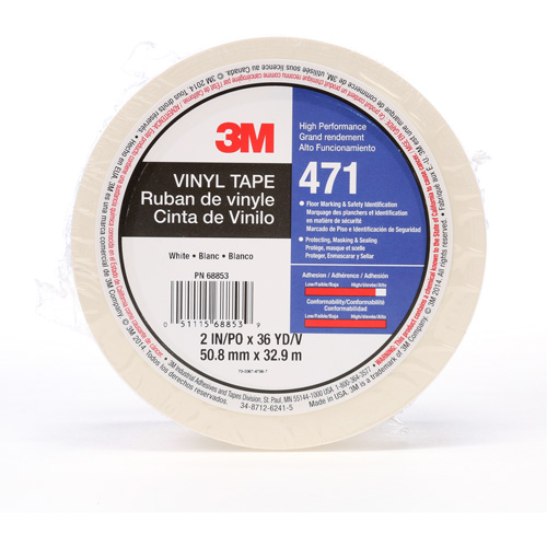 471 Vinyl Tape, 50.8 mm (2") W x 32.9 m (108') L, 5.2 mils, White Ontario Packaging