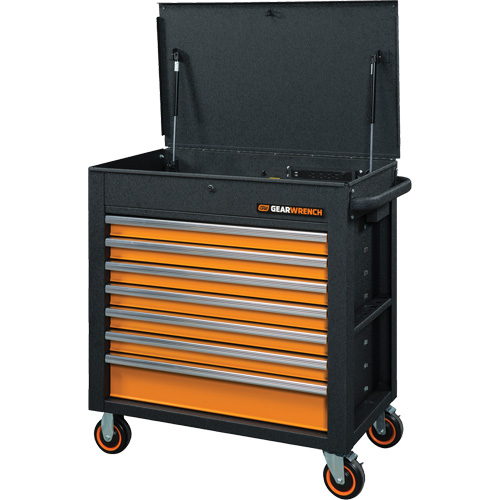 GSX Series Rolling Tool Cart with Tilt Top, 7 Drawers, 35" L x 20" W x 39" H, Black/Orange Ontario Packaging