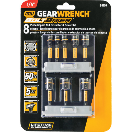 Bolt Biter Nut Extractor & Driver Set, 8 Pcs., Non Magnetic, Metric & Imperial Ontario Packaging