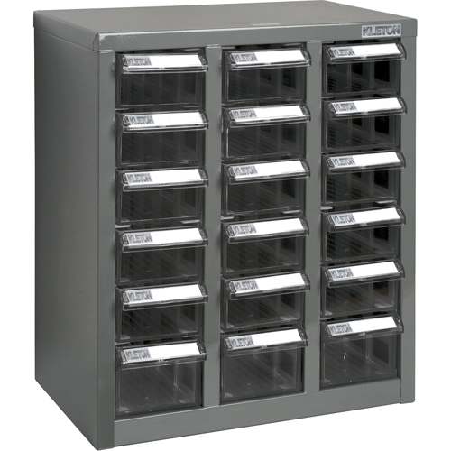 Casiers pour pi&egrave;ces KPC-600, Acier galvanis&eacute;, 18 tiroirs, 13-9/10" x 8-7/10" x 16-3/10", Gris Ontario Packaging