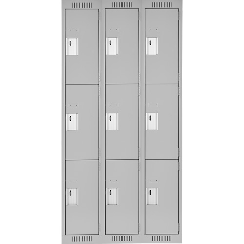 Clean Line Lockers, 3 -tier, Bank of 3, 36" x 18" x 72", Steel, Grey, Rivet (Assembled) Ontario Packaging