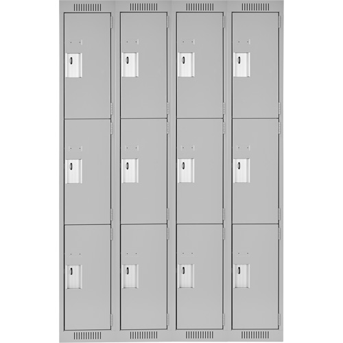 Clean Line Lockers, 3 -tier, Bank of 4, 48" x 18" x 72", Steel, Grey, Rivet (Assembled) Ontario Packaging