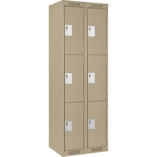 Clean Line Lockers, 3 -tier, Bank of 2, 24" x 18" x 72", Steel, Beige, Rivet (Assembled) Ontario Packaging