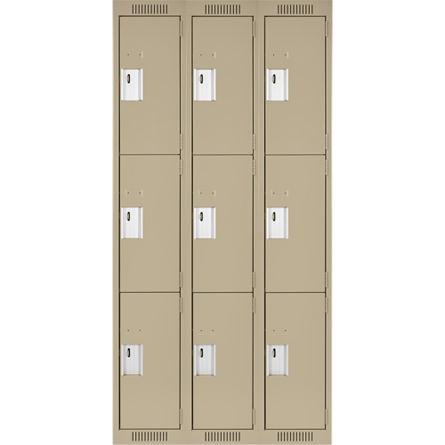 Clean Line Lockers, 3 -tier, Bank of 3, 36" x 18" x 72", Steel, Beige, Rivet (Assembled) Ontario Packaging