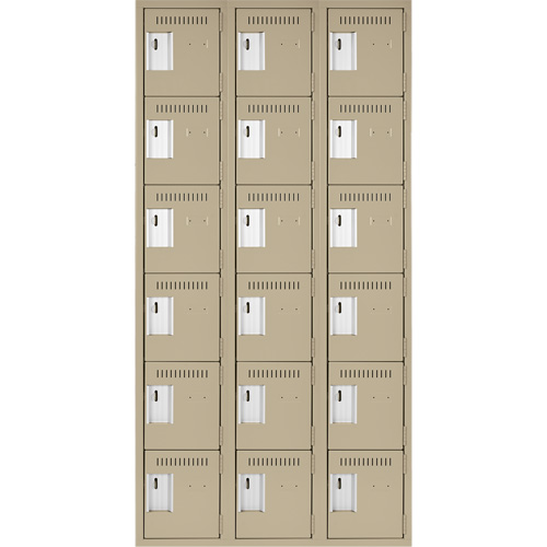 Clean Line Lockerette, 6 -tier, Bank of 3, 36" x 18" x 72", Steel, Beige, Rivet (Assembled) Ontario Packaging