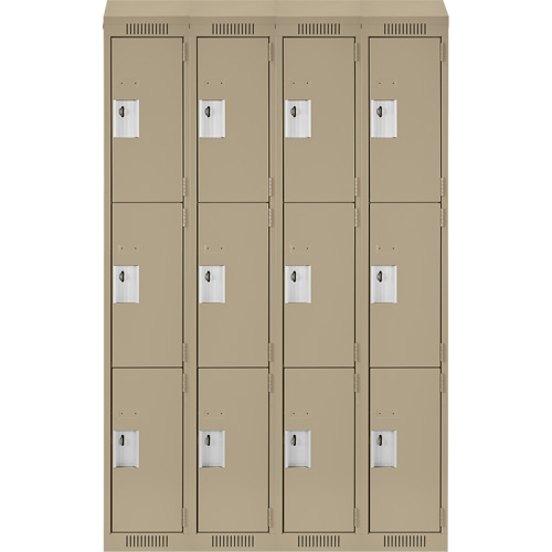 Clean Line Lockers, 3 -tier, Bank of 4, 48" x 18" x 78", Steel, Beige, Rivet (Assembled) Ontario Packaging