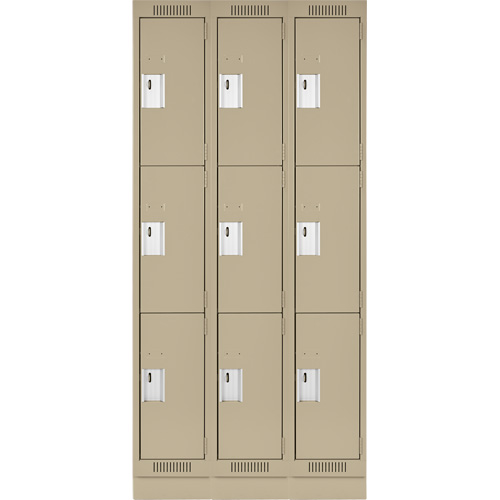 Clean Line Lockers, 3 -tier, Bank of 3, 36" x 18" x 76", Steel, Beige, Rivet (Assembled) Ontario Packaging