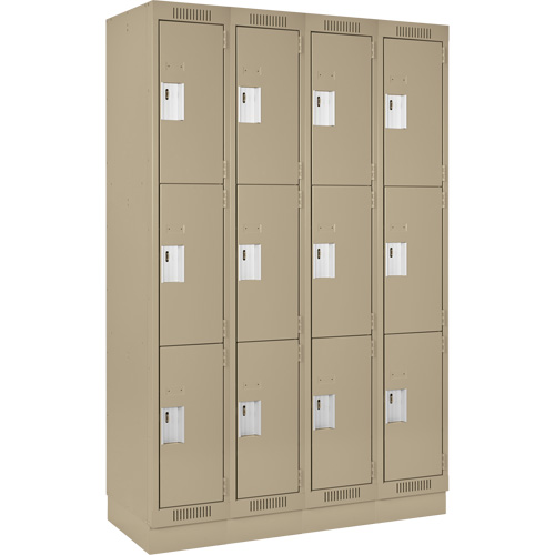 Clean Line Lockers, 3 -tier, Bank of 4, 48" x 18" x 76", Steel, Beige, Rivet (Assembled) Ontario Packaging