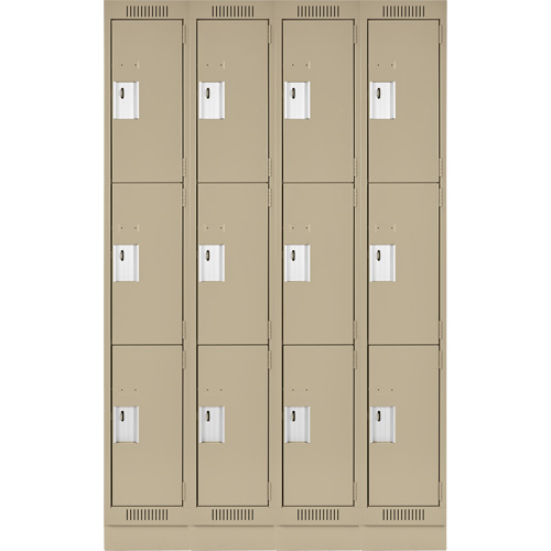 Clean Line Lockers, 3 -tier, Bank of 4, 48" x 18" x 76", Steel, Beige, Rivet (Assembled) Ontario Packaging