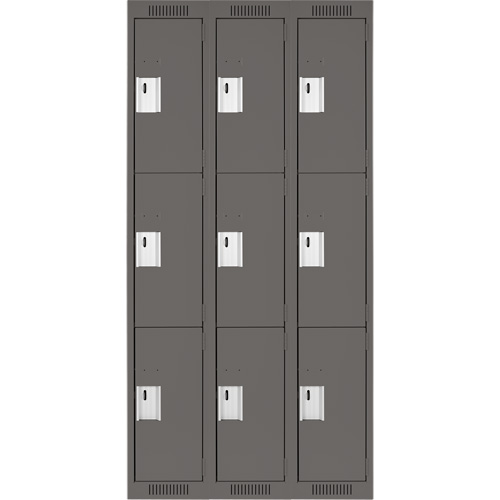 Clean Line Lockers, 3 -tier, Bank of 3, 36" x 18" x 72", Steel, Charcoal, Rivet (Assembled) Ontario Packaging