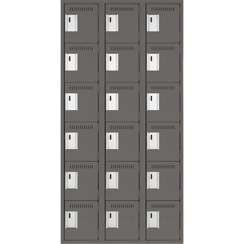 Clean Line Lockerette, 6 -tier, Bank of 3, 36" x 18" x 72", Steel, Charcoal, Rivet (Assembled) Ontario Packaging