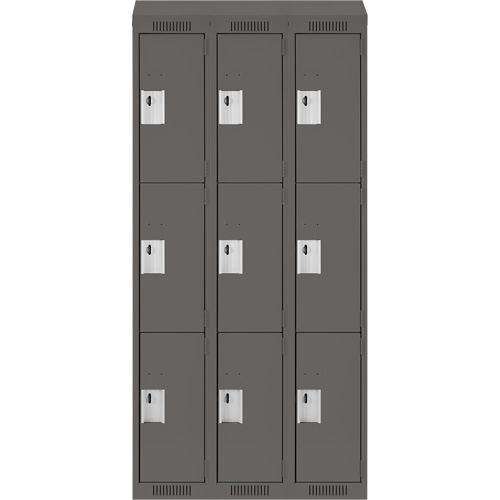 Clean Line Lockers, 3 -tier, Bank of 3, 36" x 18" x 78", Steel, Charcoal, Rivet (Assembled) Ontario Packaging
