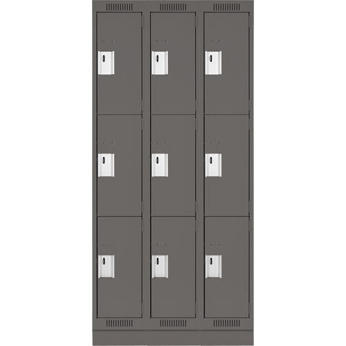 Clean Line Lockers, 3 -tier, Bank of 3, 36" x 18" x 76", Steel, Charcoal, Rivet (Assembled) Ontario Packaging