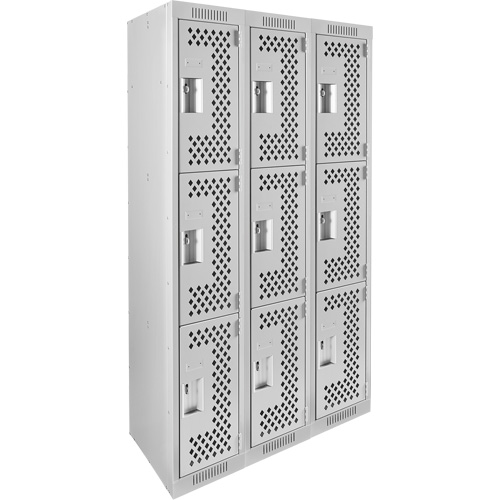 Clean Line Lockers, 3 -tier, Bank of 3, 36" x 12" x 72", Steel, Grey, Rivet (Assembled), Perforated Ontario Packaging