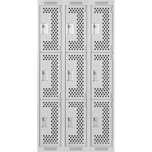 Clean Line Lockers, 3 -tier, Bank of 3, 36" x 12" x 72", Steel, Grey, Rivet (Assembled), Perforated Ontario Packaging