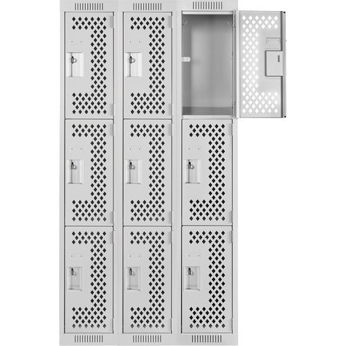 Clean Line Lockers, 3 -tier, Bank of 3, 36" x 12" x 72", Steel, Grey, Rivet (Assembled), Perforated Ontario Packaging