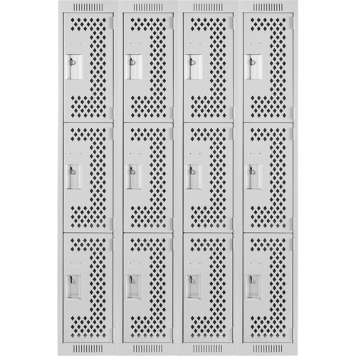 Clean Line Lockers, 3 -tier, Bank of 4, 48" x 12" x 72", Steel, Grey, Rivet (Assembled), Perforated Ontario Packaging