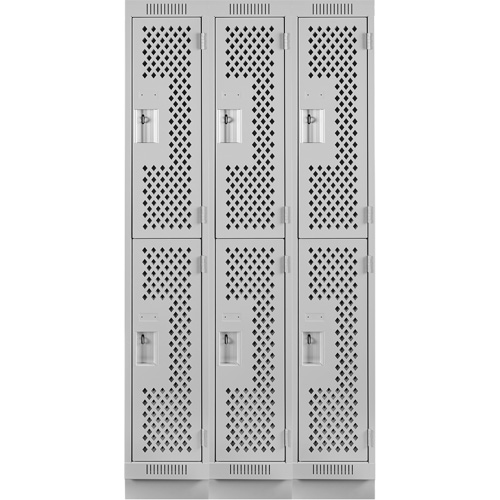Clean Line Lockers, 2 -tier, Bank of 3, 36" x 15" x 76", Steel, Grey, Rivet (Assembled), Perforated Ontario Packaging