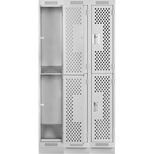 Clean Line Lockers, 2 -tier, Bank of 3, 36" x 15" x 76", Steel, Grey, Rivet (Assembled), Perforated Ontario Packaging