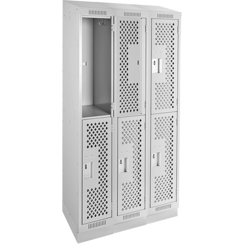 Clean Line Lockers, 2 -tier, Bank of 3, 36" x 12" x 82", Steel, Grey, Rivet (Assembled), Perforated Ontario Packaging