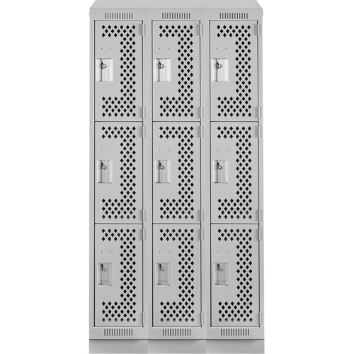 Clean Line Lockers, 3 -tier, Bank of 3, 36" x 15" x 82", Steel, Grey, Rivet (Assembled), Perforated Ontario Packaging