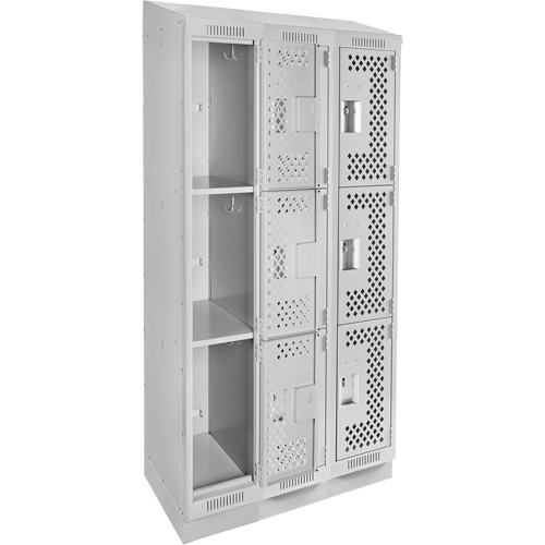 Clean Line Lockers, 3 -tier, Bank of 3, 36" x 15" x 82", Steel, Grey, Rivet (Assembled), Perforated Ontario Packaging