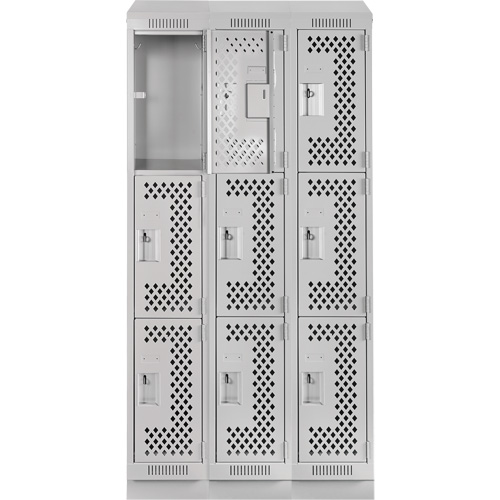 Clean Line Lockers, 3 -tier, Bank of 3, 36" x 15" x 82", Steel, Grey, Rivet (Assembled), Perforated Ontario Packaging