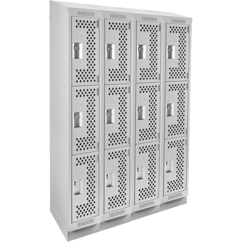 Clean Line Lockers, 3 -tier, Bank of 4, 48" x 15" x 82", Steel, Grey, Rivet (Assembled), Perforated Ontario Packaging
