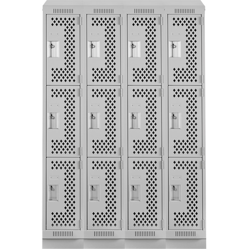 Clean Line Lockers, 3 -tier, Bank of 4, 48" x 15" x 82", Steel, Grey, Rivet (Assembled), Perforated Ontario Packaging