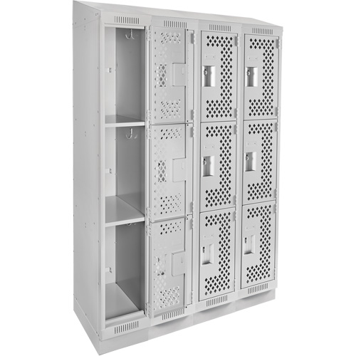 Clean Line Lockers, 3 -tier, Bank of 4, 48" x 15" x 82", Steel, Grey, Rivet (Assembled), Perforated Ontario Packaging