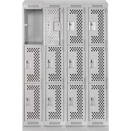 Clean Line Lockers, 3 -tier, Bank of 4, 48" x 15" x 82", Steel, Grey, Rivet (Assembled), Perforated Ontario Packaging