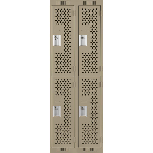 Clean Line Lockers, 2 -tier, Bank of 2, 24" x 15" x 72", Steel, Beige, Rivet (Assembled), Perforated Ontario Packaging