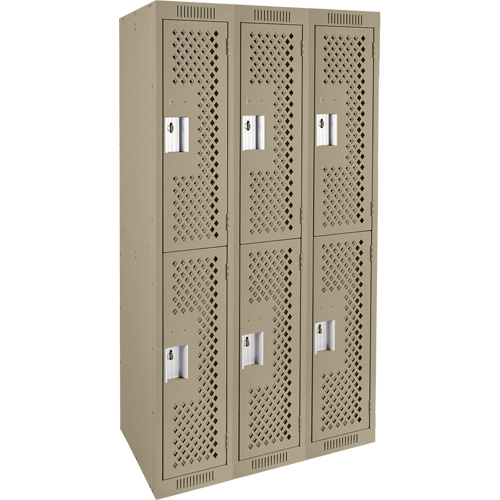 Clean Line Lockers, 2 -tier, Bank of 3, 36" x 15" x 72", Steel, Beige, Rivet (Assembled), Perforated Ontario Packaging