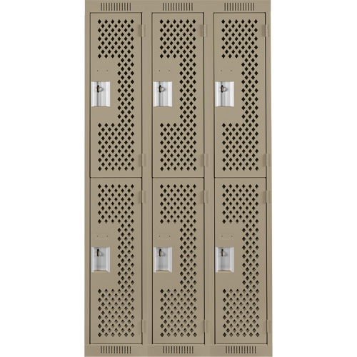 Clean Line Lockers, 2 -tier, Bank of 3, 36" x 15" x 72", Steel, Beige, Rivet (Assembled), Perforated Ontario Packaging