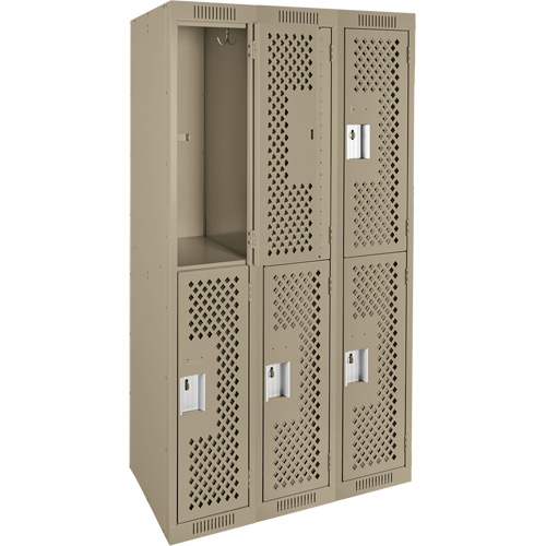 Clean Line Lockers, 2 -tier, Bank of 3, 36" x 15" x 72", Steel, Beige, Rivet (Assembled), Perforated Ontario Packaging
