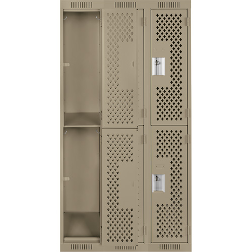 Clean Line Lockers, 2 -tier, Bank of 3, 36" x 15" x 72", Steel, Beige, Rivet (Assembled), Perforated Ontario Packaging