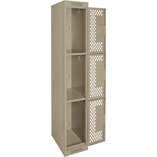 Clean Line Lockers, 3 -tier, 12" x 12" x 72", Steel, Beige, Rivet (Assembled), Perforated Ontario Packaging