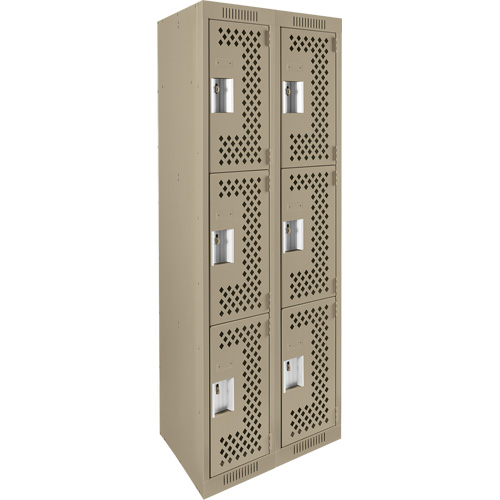 Clean Line Lockers, 3 -tier, Bank of 2, 24" x 12" x 72", Steel, Beige, Rivet (Assembled), Perforated Ontario Packaging