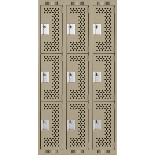 Clean Line Lockers, 3 -tier, Bank of 3, 36" x 12" x 72", Steel, Beige, Rivet (Assembled), Perforated Ontario Packaging