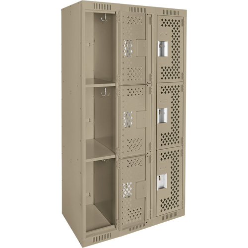 Clean Line Lockers, 3 -tier, Bank of 3, 36" x 12" x 72", Steel, Beige, Rivet (Assembled), Perforated Ontario Packaging