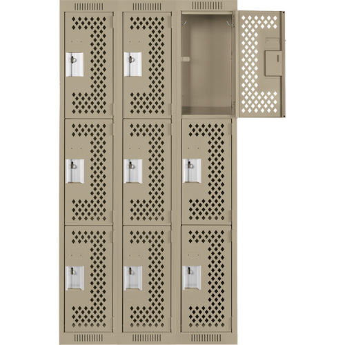 Clean Line Lockers, 3 -tier, Bank of 3, 36" x 12" x 72", Steel, Beige, Rivet (Assembled), Perforated Ontario Packaging