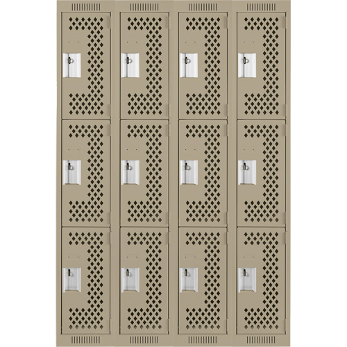 Clean Line Lockers, 3 -tier, Bank of 4, 48" x 12" x 72", Steel, Beige, Rivet (Assembled), Perforated Ontario Packaging