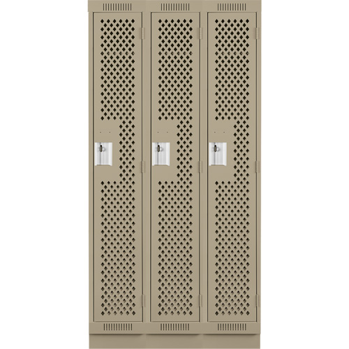 Clean Line Lockers, Bank of 3, 36" x 12" x 76", Steel, Beige, Rivet (Assembled), Perforated Ontario Packaging