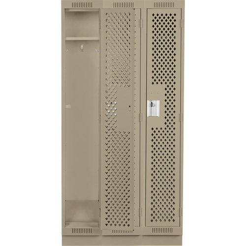 Clean Line Lockers, Bank of 3, 36" x 12" x 76", Steel, Beige, Rivet (Assembled), Perforated Ontario Packaging