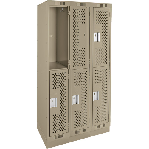 Casiers Clean Line, 2 niveaux, Bloc de 3, 36" x 18" x 76", Acier, Beige, Rivet (assembl&eacute;), Perfor&eacute; Ontario Packaging